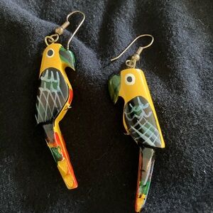 Vintage Colorful Handcarved and Painted Parrot Bird Earrings
